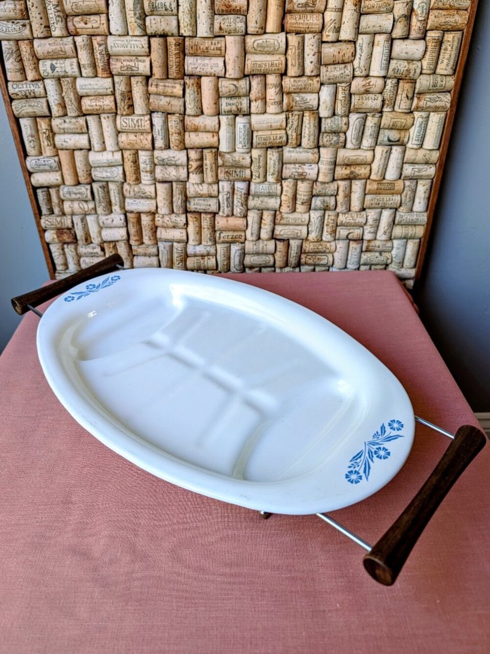 CorningWare P‑19 Blue Cornflower Meat Platter w/ MCM Metal & Wood Serving Base